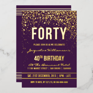 Invitation En Aluminium Violet Gold Confetti 40e fête d'anniversaire