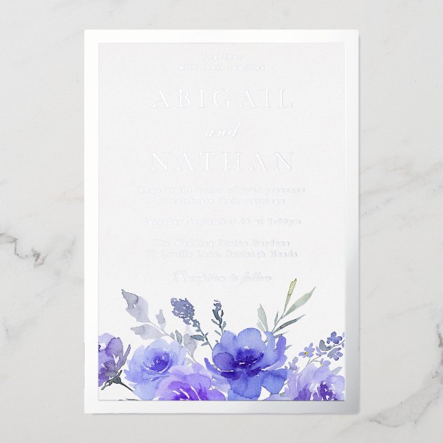 Invitation En Aluminium Violet violet Floral Mariage Argent frontière (Recto)
