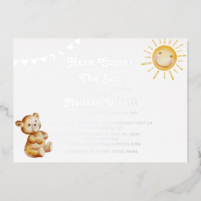 Invitation En Aluminium Voici Le Fils Ours Baby shower Argent (Recto)