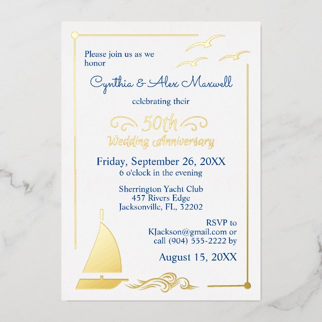 Invitation En Aluminium Voilier 50e anniversaire Mariage or (Recto)