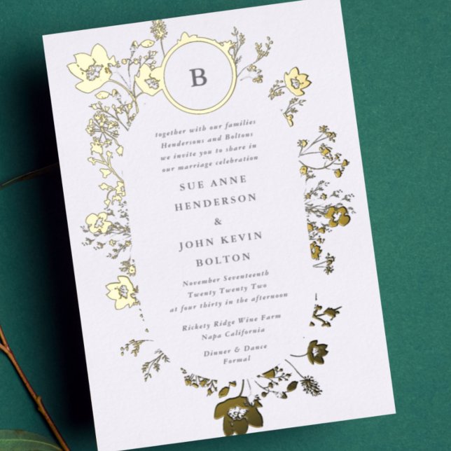 Invitation En Aluminium VRAI Cercle or Monogramme Oval Fleur sauvage séché (Créateur téléchargé)