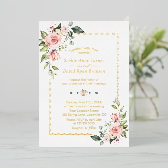 Invitation En Aluminium VRAI Mariage floral rose FOIL (Debout devant)