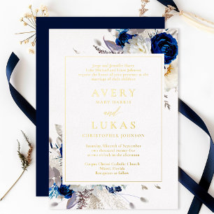 Invitation En Aluminium Vrai or Elegant Fleurs Bleues Mariage Foil