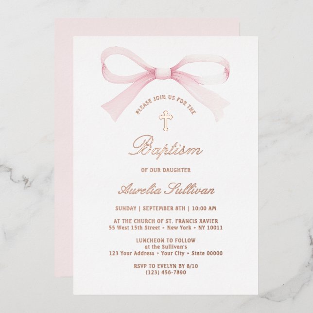 Invitation En Aluminium Watercolor Pink Bow Baptism (Recto/Verso)