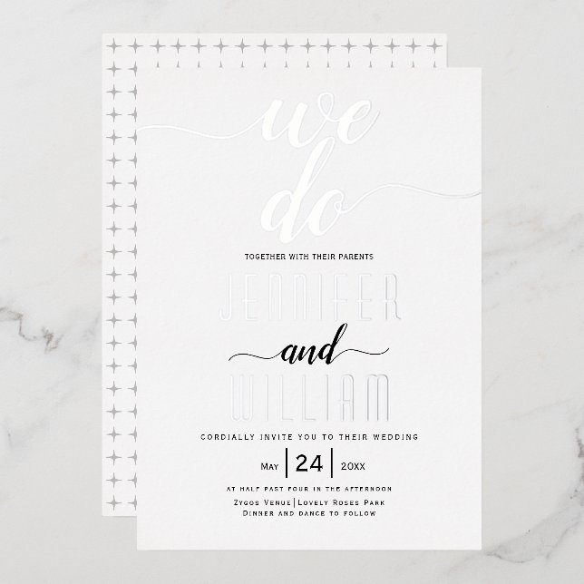 Invitation En Aluminium "We do" script calligraphie mariage argent réel (Recto/Verso)