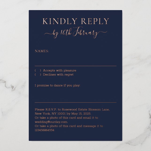 Invitation En Aluminium Wedding Simple Midnight Blue Navy Kindly Reply (Recto)