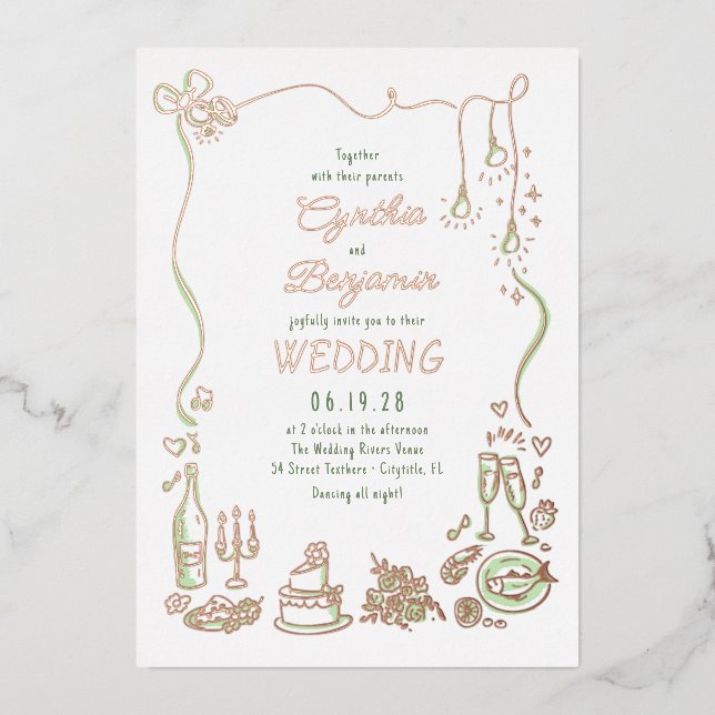 Invitation En Aluminium Whimsical Funky Main tiré Doodles Mariage (Recto)