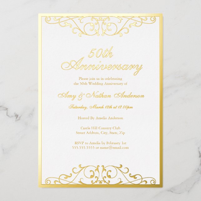 Invitation En Aluminium White Gold Elegant Swirl 50ème anniversaire Mariag (Recto)