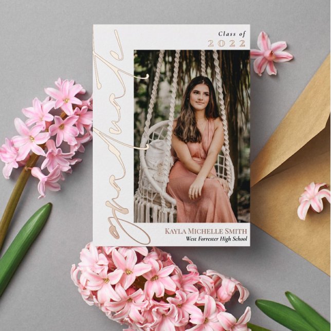 Invitation En Aluminium White Rose Gold Calligraphie Photo Graduation Foil (Créateur téléchargé)