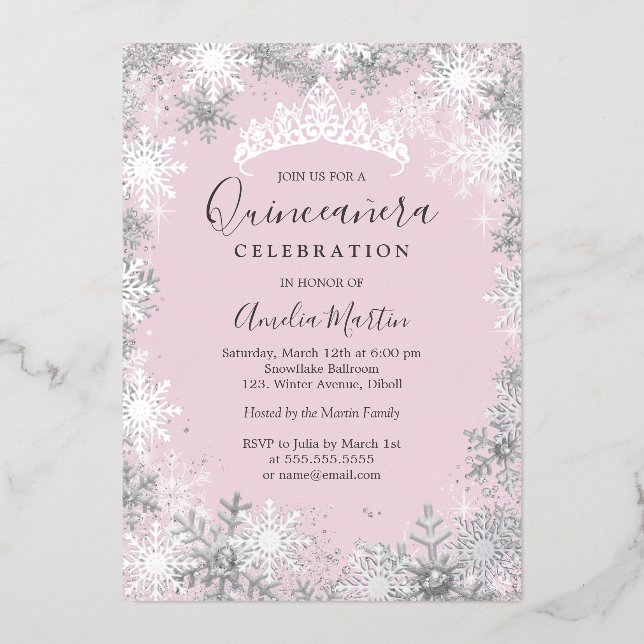 Invitation En Aluminium Winter Snowflake Pink Silver Quinceanera (Recto)