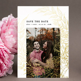 Invitation En Aluminium Wreath Pressée Gold Foil Enregistrer La Date