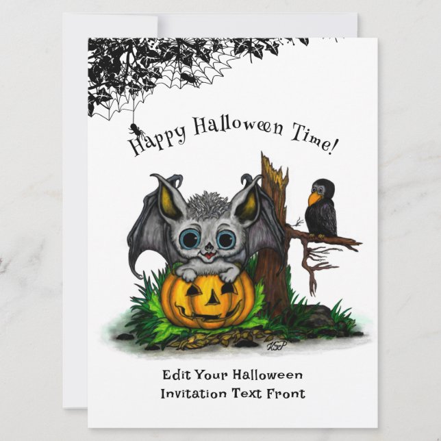 Invitation En attente d'Halloween, Bat mignonne et Corbeau (Devant)
