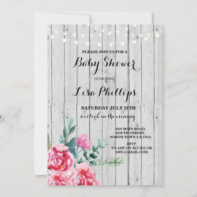 Invitation en bois floral rose rustique de partie (Devant)