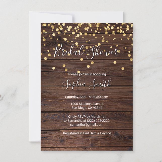 Invitation en bois rustique de Fête de la mariée (Devant)