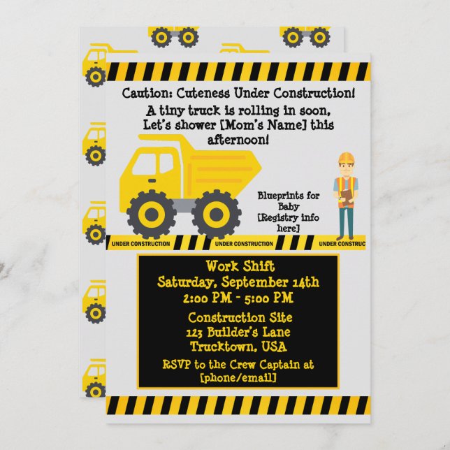 Invitation En construction Camion Jaune Construction bébé (Devant / Derrière)