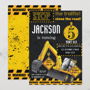 Invitation En construction Excavateur Jaune Noir Anniversaire