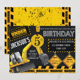 Invitation En construction Excavateur Noir Jaune Anniversaire