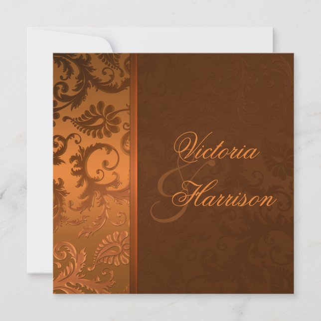 Invitation en cuivre et Mariage damassé Brown (Devant)