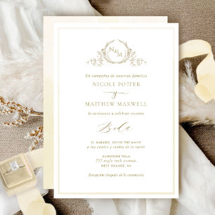 Invitation En espagnol, Mariage Champagne Élégant Monogramme
