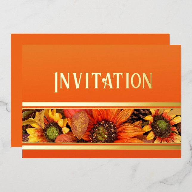 Invitation en feuille d'or avec tournesols d'autom (Recto/Verso)