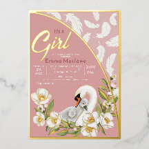 Invitation en feuille métallisée Bébé Cygne Rose