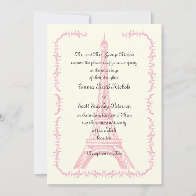 Invitation en ivoire Tour Eiffel mariage Paris ros (Devant)