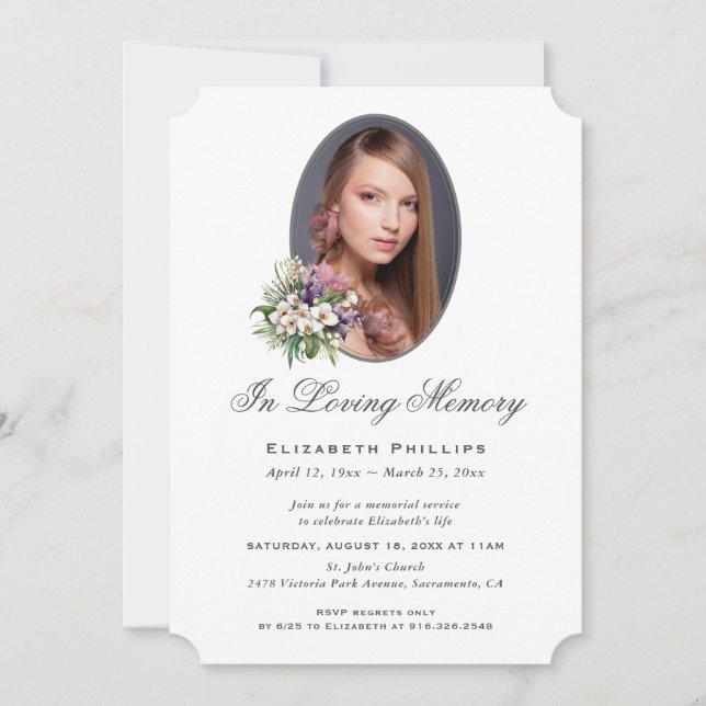 Invitation En Mémoire Amoureuse Violet Blanc Floral Photo (Devant)