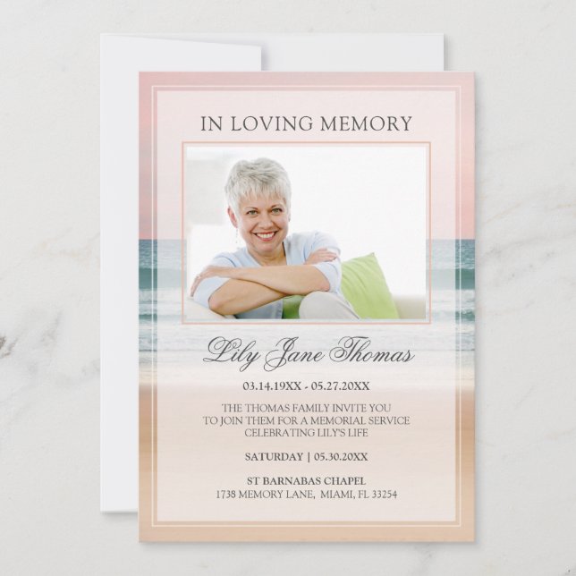 Invitation En Mémoire d'amour Élégante Photo funéraire Océan (Devant)