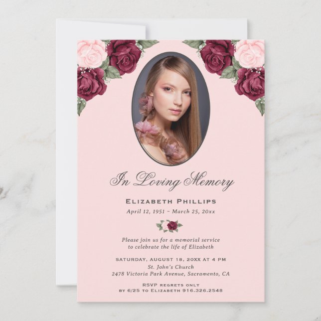 Invitation En Mémoire d'amour Pink Rouge Floral Photo (Devant)
