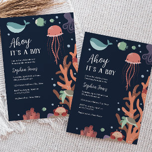 Invitation En mer, c'est un garçon, Baby Shower Bleu