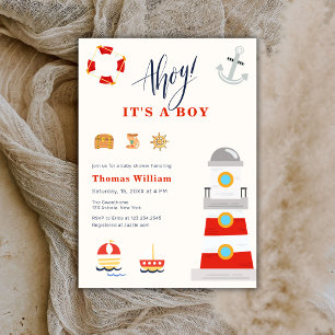 Invitation En mer, C'est un Garçon, Baby Shower Phare