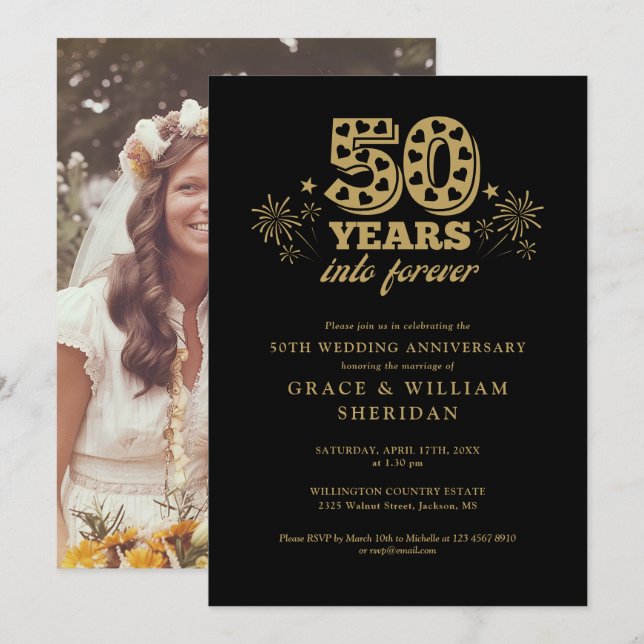 Invitation En or Forever Black Photo 50e anniversaire (Devant / Derrière)