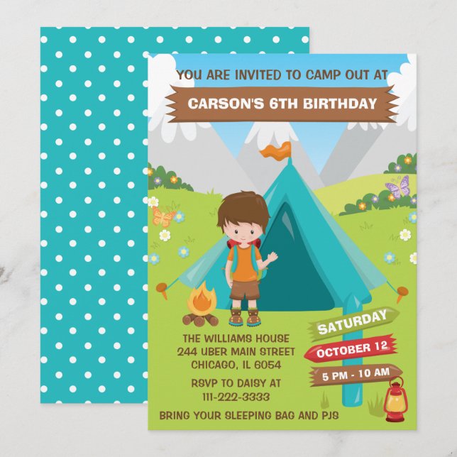 Invitation En plein air Camping Anniversaire Fête Brown Cheve (Devant / Derrière)