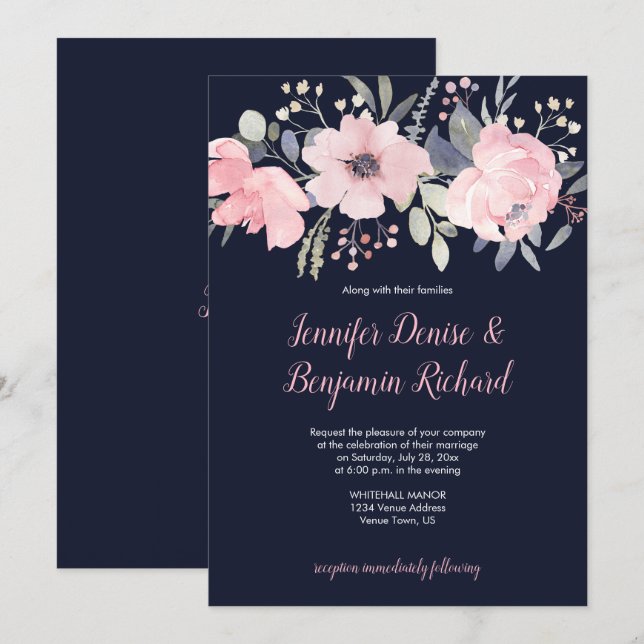 Invitation En-tête floral rose sur le Mariage de marine | (Devant / Derrière)