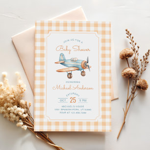 Invitation en vichy Baby shower de garçon d'avion