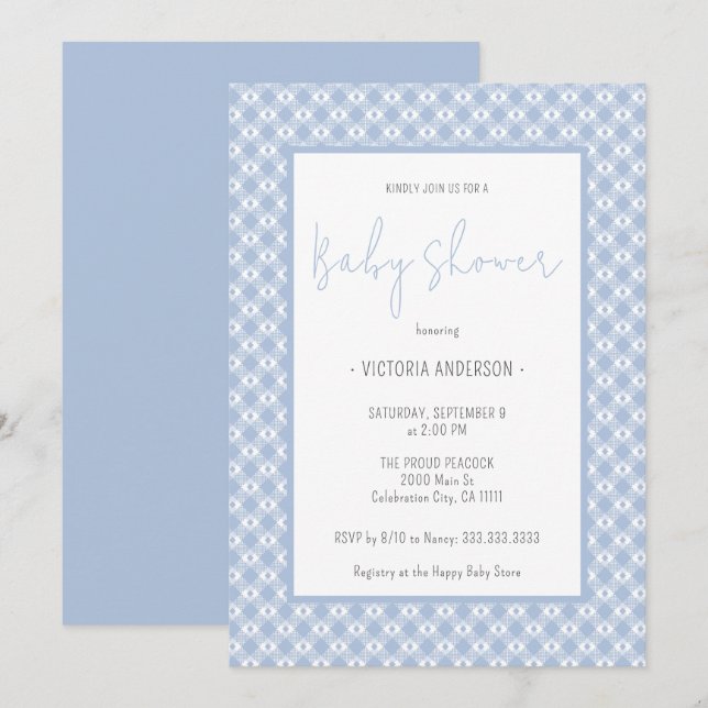 Invitation en vichy Baby shower garçon bleu Cute Pastel (Devant / Derrière)