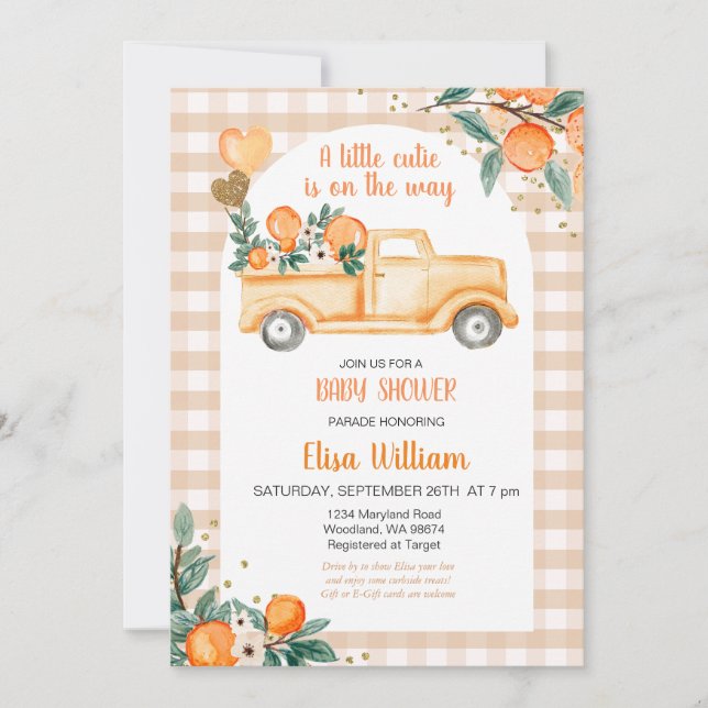 Invitation en vichy Baby shower Orange Citrus Little Cutie (Devant)