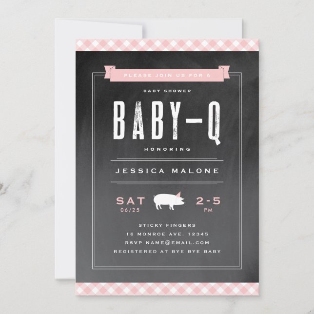 Invitation en vichy Baby shower rose barbecue pour bébé (Devant)
