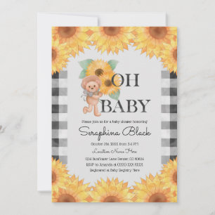 Invitation en vichy Baby shower Teddy Bear de tournesol