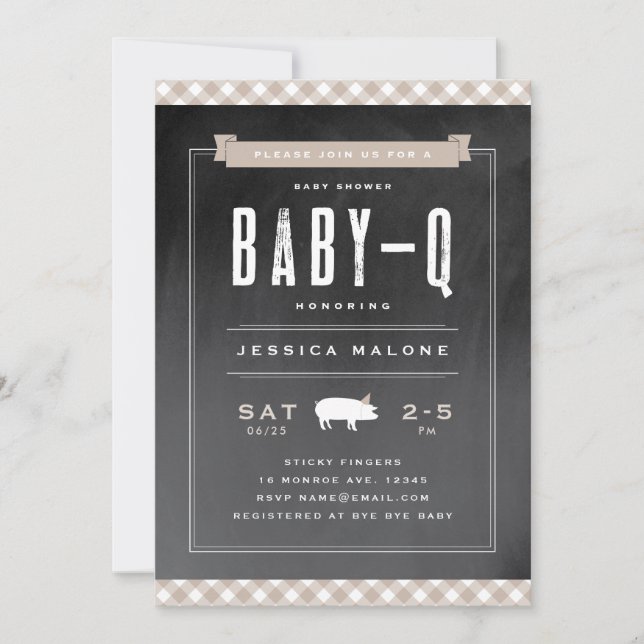 Invitation en vichy bébé barbecue Baby shower kaki neutre (Devant)