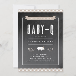 Invitation en vichy bébé barbecue Baby shower kaki neutre