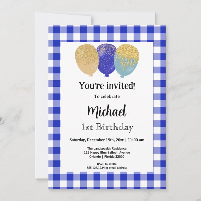 Invitation En vichy bleu, Ballons de fête 1er anniversaire (Devant)