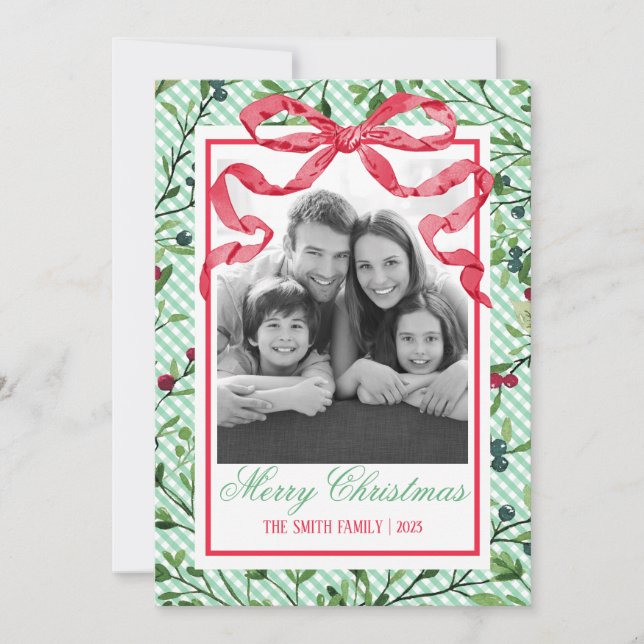 Invitation en vichy Bow Botanical Christmas Card (Devant)