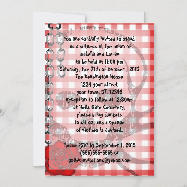 Invitation En vichy crâne rouge Rockabilly Goth Mariage (Devant)