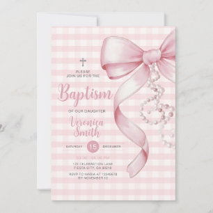 Invitation en vichy fille Baptême croix de perle rose de la c
