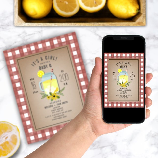 Invitation en vichy Fleur sauvage Lemonade Baby Q Baby shower (Créateur téléchargé)