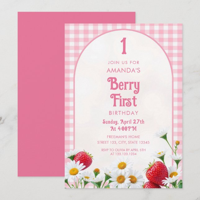 Invitation en vichy Fraises rose pâtisseries marguerites 1er  (Devant / Derrière)