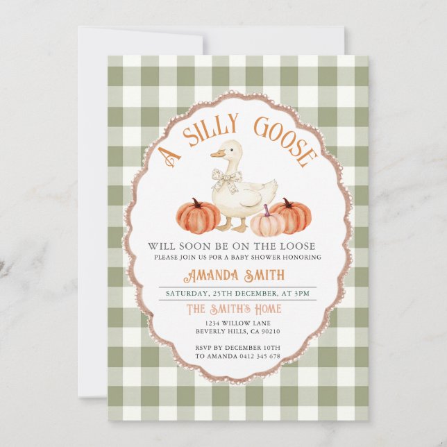 Invitation en vichy Green Fall Silly Goose Baby shower (Devant)