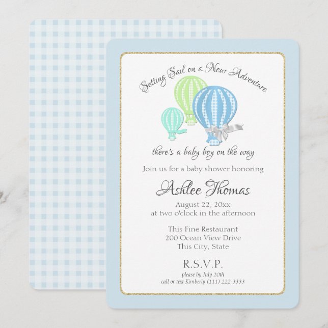 Invitation en vichy Hot Air Balloons Baby shower d'aventure (Devant / Derrière)