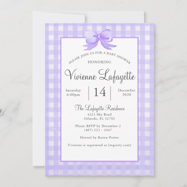 Invitation En vichy mauve mou avec Baby shower de Bow (Devant)
